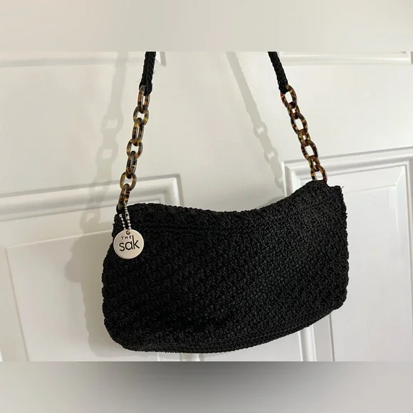 The Sak Black Crochet Flap Snap Closure Faux Tortoise Links Shoulder Mini Bag - Picture 4 of 11